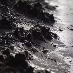 small, brown rocks on the shore of the ocean with water droplets