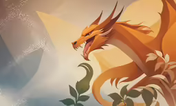 an orange dragon sitting on top of a blue cloud