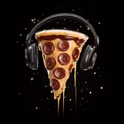 a slice of pizza with some headphones hanging from it