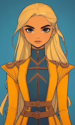 an illustration of blond hair, wearing armor and looking at the camera