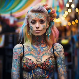 a tattooed girl stands in a fair place,a woman with lots of tattoos on her body