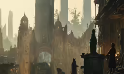 a city skyline with a giant clock tower
