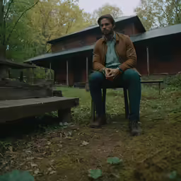 the man in the jacket sits on a bench near a red house