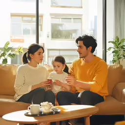 a family sitting on the couch looking at the cell phone