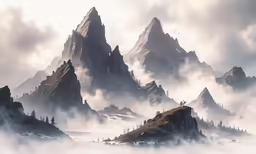 there is a mountain range with clouds and fog