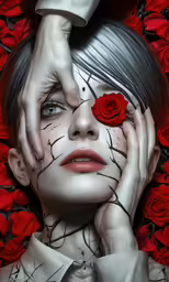 a woman with her hands near her face covered by roses