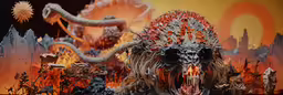 a display with dragon like creatures in flames