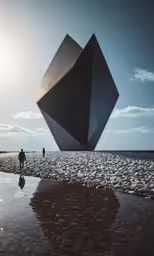 a man standing by a very tall diamond like structure