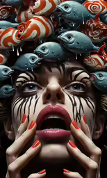 the face of a woman surrounded by fish, with orange and white nails