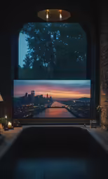 a view of a city from the window of a dark building