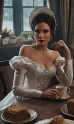 a woman in an elegant dress sits at a table with cupcakes