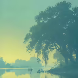 an old photo of boats on a lake with a tree