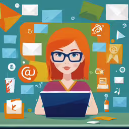 an animated portrait of a woman with glasses holding a laptop,a red haired girl with glasses is on her laptop