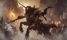 a very big demonic looking creature flying through the air