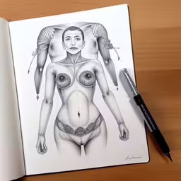 drawing of woman in body with surgical instruments,a sketched book that has an image of a person in a bra,a woman with breasty pussy and nipples in black ink,the drawing is next to a pen and notebook,a book that has a drawing of an alien and the same creature on it