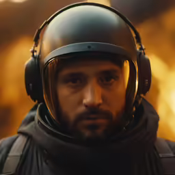 the man in a black jacket wears an ear muff