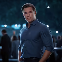 a man standing and posing in front of people