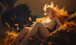 a woman sitting on a rock with a bunch of hair
