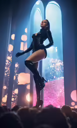 a female in high heels and a shiny bodysuit posing on stage