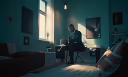 man in a blue suit sitting at a small table in a blue room with green walls and a large window