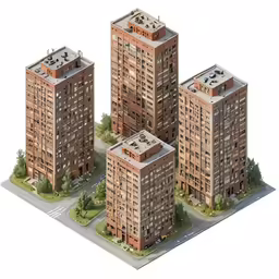 a group of building sitting on top of a set of three