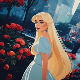 a beautiful blonde woman with long hair standing in the rose garden