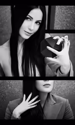 a black and white photo of woman with a ring on her hand