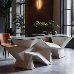 a marble and glass dining table surrounded by leather chairs