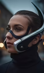 a woman with a nose gag and sci fi helmet