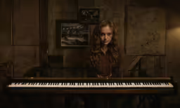 a woman is at the piano in an old room