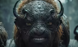 a smiling, horned troll in the rain