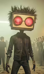 a person with two red eyes standing in a crowd