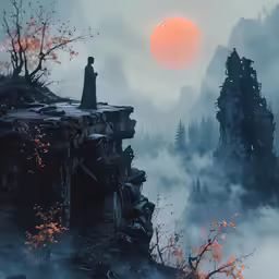 man at the top of a cliff looking at the sunset