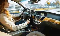 a woman sitting in the drivers seat of a car