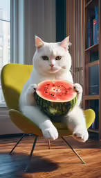 a cat sits on an office chair and holds a watermelon