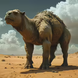 a big brown animal standing in the sand