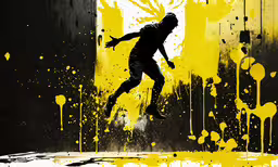 a person with black and yellow colors standing in a bright paint splattered hallway,this is an artistic depiction of a person jumping