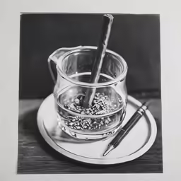 a pitcher on a table with a pen and ink in it