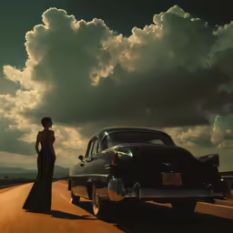 a lady stands next to an old car on the road