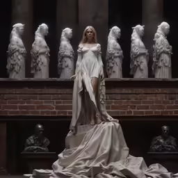 a woman with white and grey clothing posing in front of statues