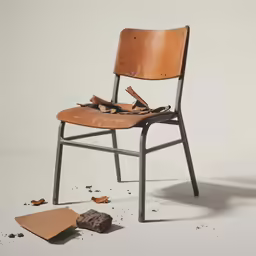 a chair in the middle of a piece of wood and debris