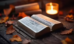 a couple of book sitting on top of a table next to a candle
