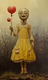 the creepy doll is holding a red balloon
