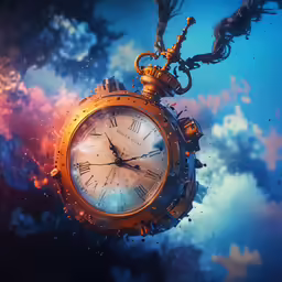 the clock is floating in water that surrounds the sky