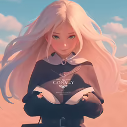 an anime girl in a dark outfit poses for a picture