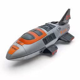 a small grey and orange toy plane