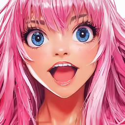 a girl with long pink hair and big eyes