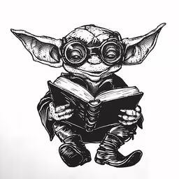 yoda is reading the book, dressed like a geek,baby yoda reading a book while wearing goggles