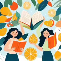 two girls reading books near fruit and greenery