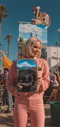 a woman standing with a book bag over her head